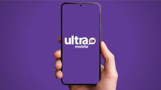 A smartphone in an outstretched hand with the Ultra Mobile logo on the screen