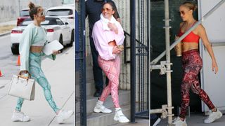 Split image of Jennifer lopez wearing niyama sol leggings, crop tops, white sneakers