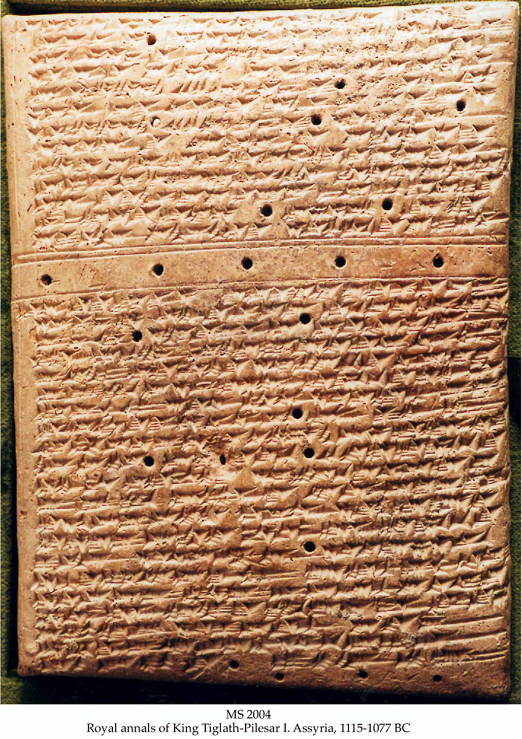 This inscription, made in the name of Tiglath-pileser I, a king of Assyria, records the conquest of Babylon. It was made more than 3,000 years ago.