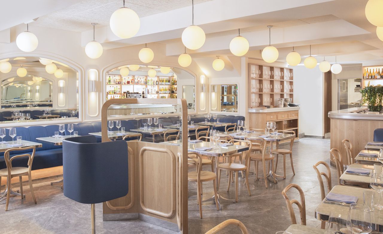 Restaurant with ceiling lamps