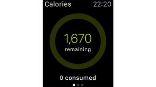 Skjermbilder fra appen MyFitnessPal for Apple Watch.