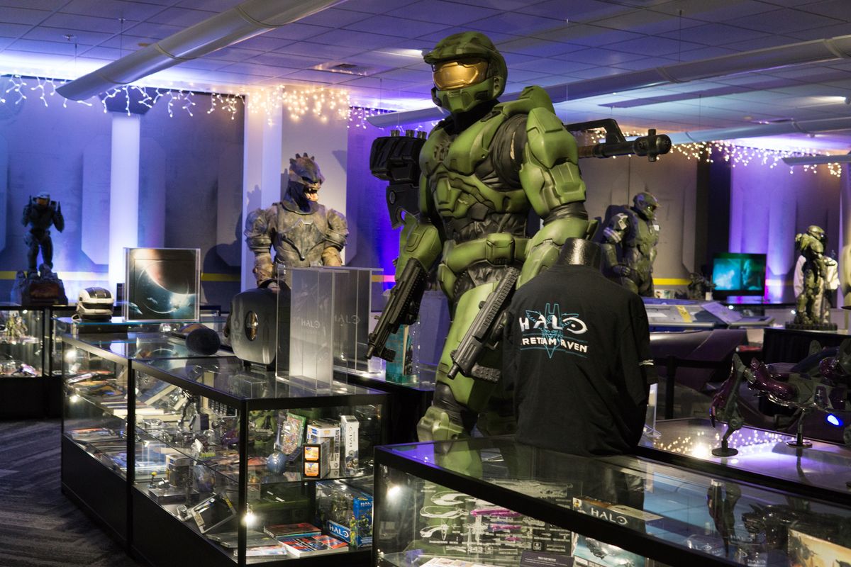 The Halo museum at 343's office, full of collectibles, statues, and rare swag. Some of it was donated by fans, who collected materials Microsoft didn't hold onto. Some other rare items were only given out to employees.