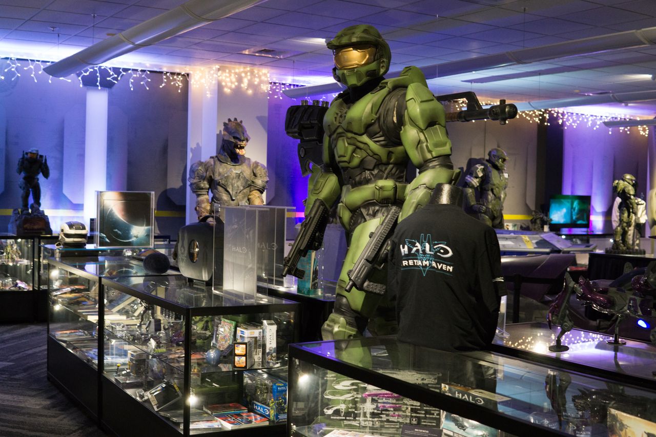 The Halo museum at 343's office, full of collectibles, statues, and rare swag. Some of it was donated by fans, who collected materials Microsoft didn't hold onto. Some other rare items were only given out to employees.