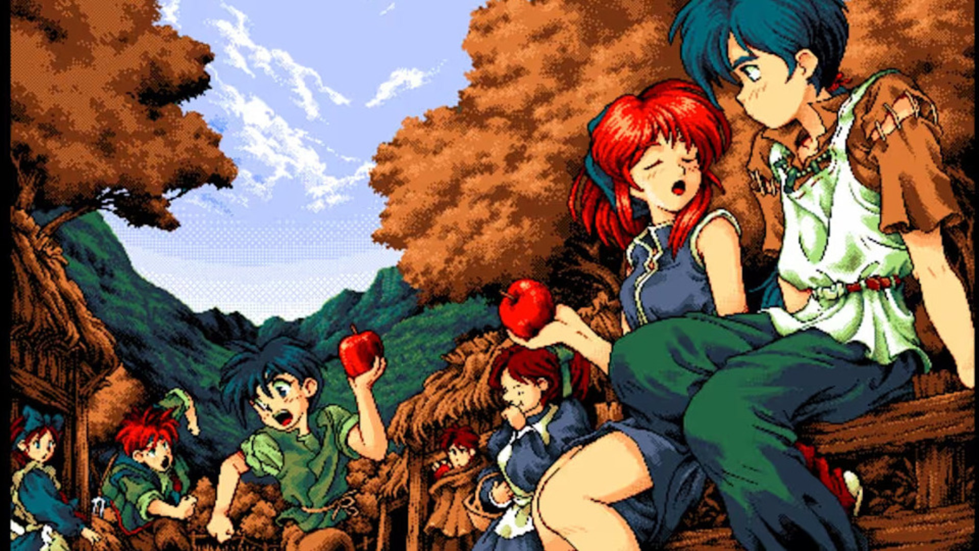 Stylized, pixelated anime characters chat and hold up apples enthusiastically