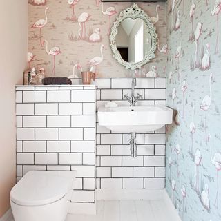 bathroom with printed walls
