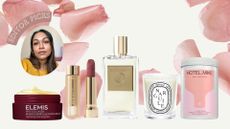Elemis Black Cherry Cleansing Balm, Merit lipstick, Mizensir For Your Love perfume, Diptyque Narguile candle and Hotel, Mike bath salts on a pale cream background with pink rose petals - and a headshot in corner of Aleesha Badkar, with heading 'editor's picks'