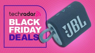JBL Go 3 speaker in blue on pink TR background, with 'Black Friday deals' poster
