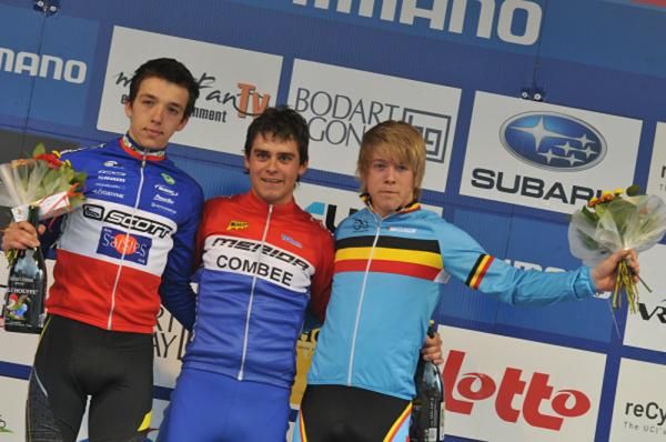 Junior men's cross country World Cup podium in Houffalize, Belgium.