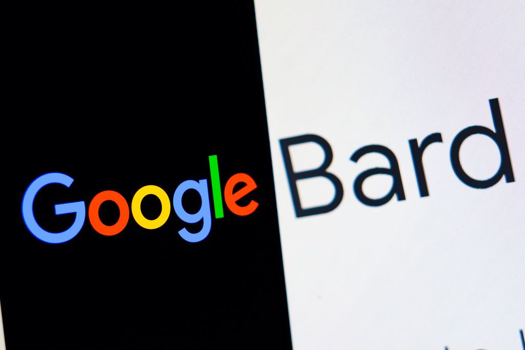 Google logo displayed on a phone against a black background on the left, with the word &#039;Bard&#039; shown in black text against a white background on a larger screen on the right