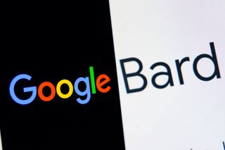 Google logo displayed on a phone against a black background on the left, with the word 'Bard' shown in black text against a white background on a larger screen on the right