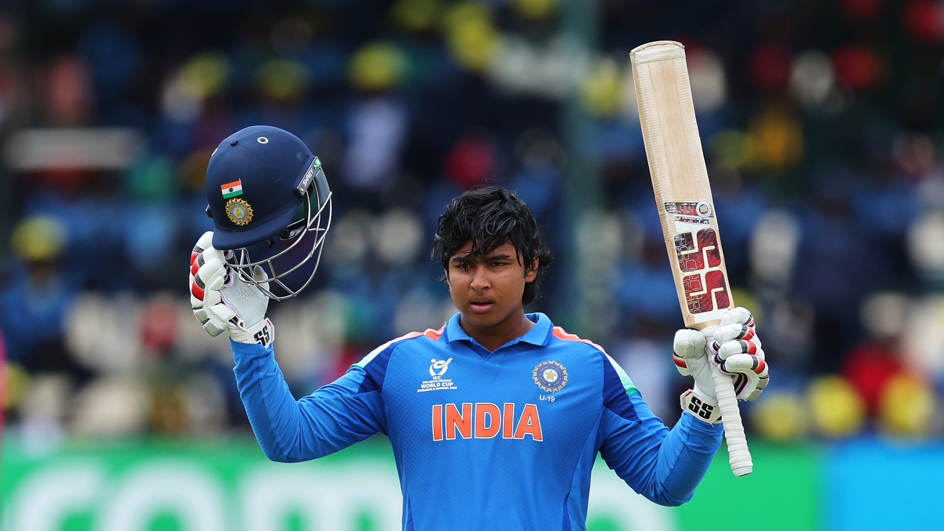 Vaibhav Sooryavanshi of India celebrates a century during the ICC U19 Men's Cricket World Cup 2026.
