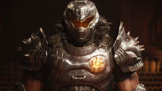 Doom: The Dark Ages Siege Part 2 secrets and collectibles - A close-up shot of the Doom Slayer with glowing red eyes visible through his visor.