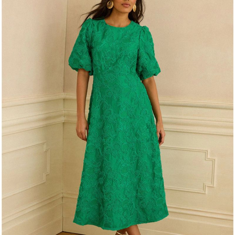 Love &amp;amp; Roses , Textured Puff Sleeve Crew Neck Midi Dress