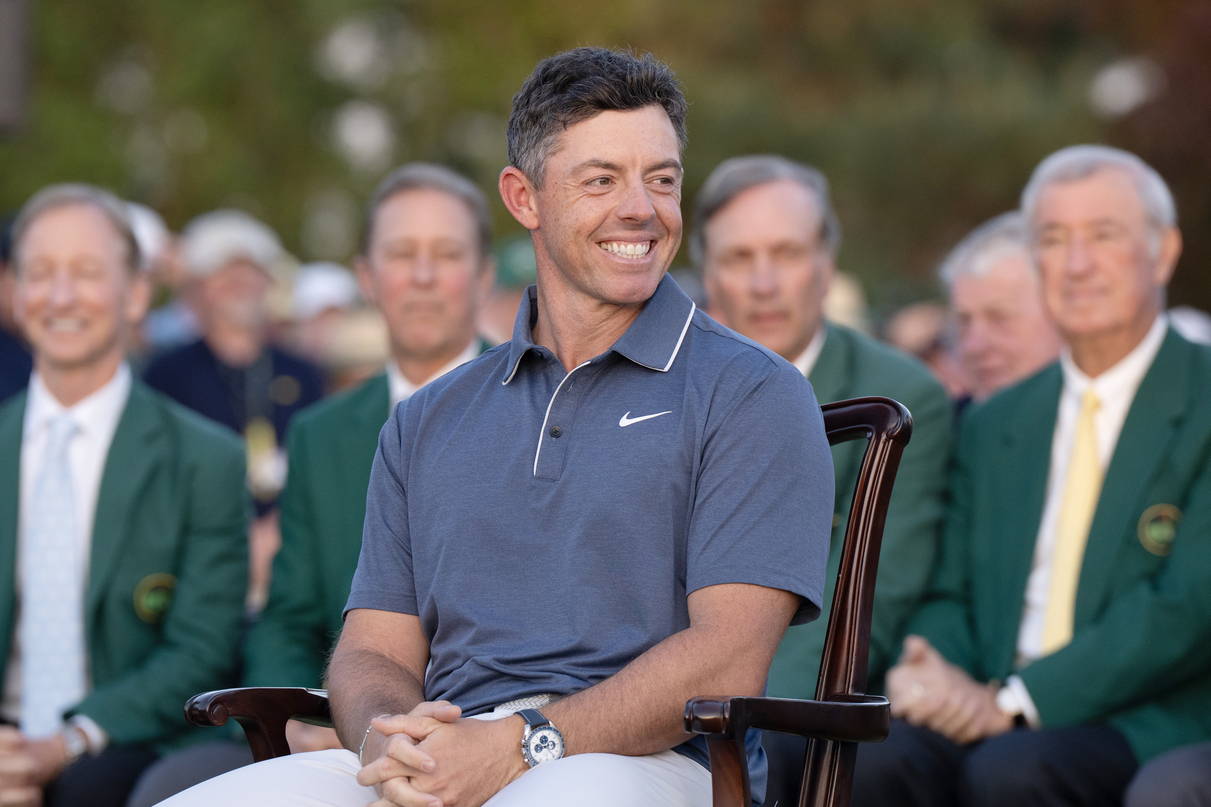 Rory McIlroy smiles at the Green Jacket ceremony at The Masters