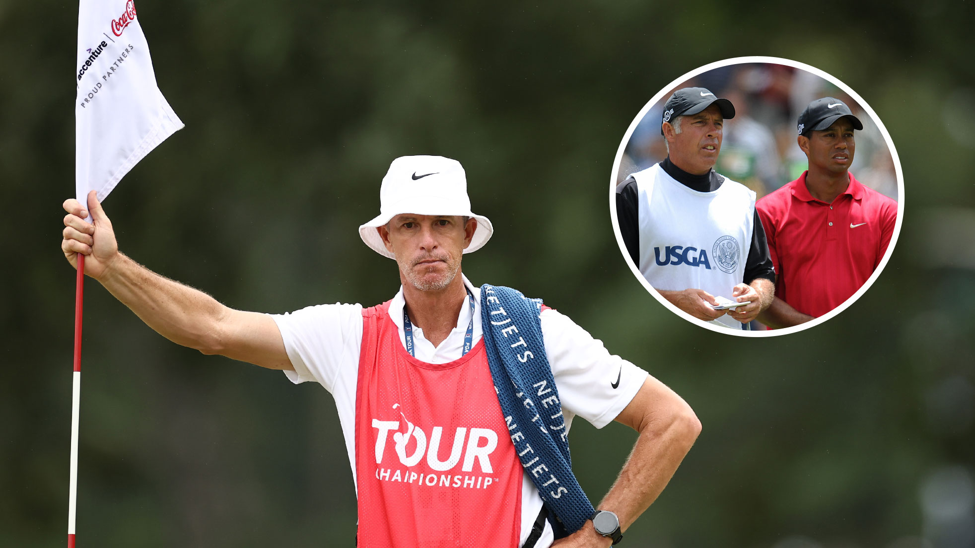 an image of ted scott with an inset of tiger woods and steve williams 