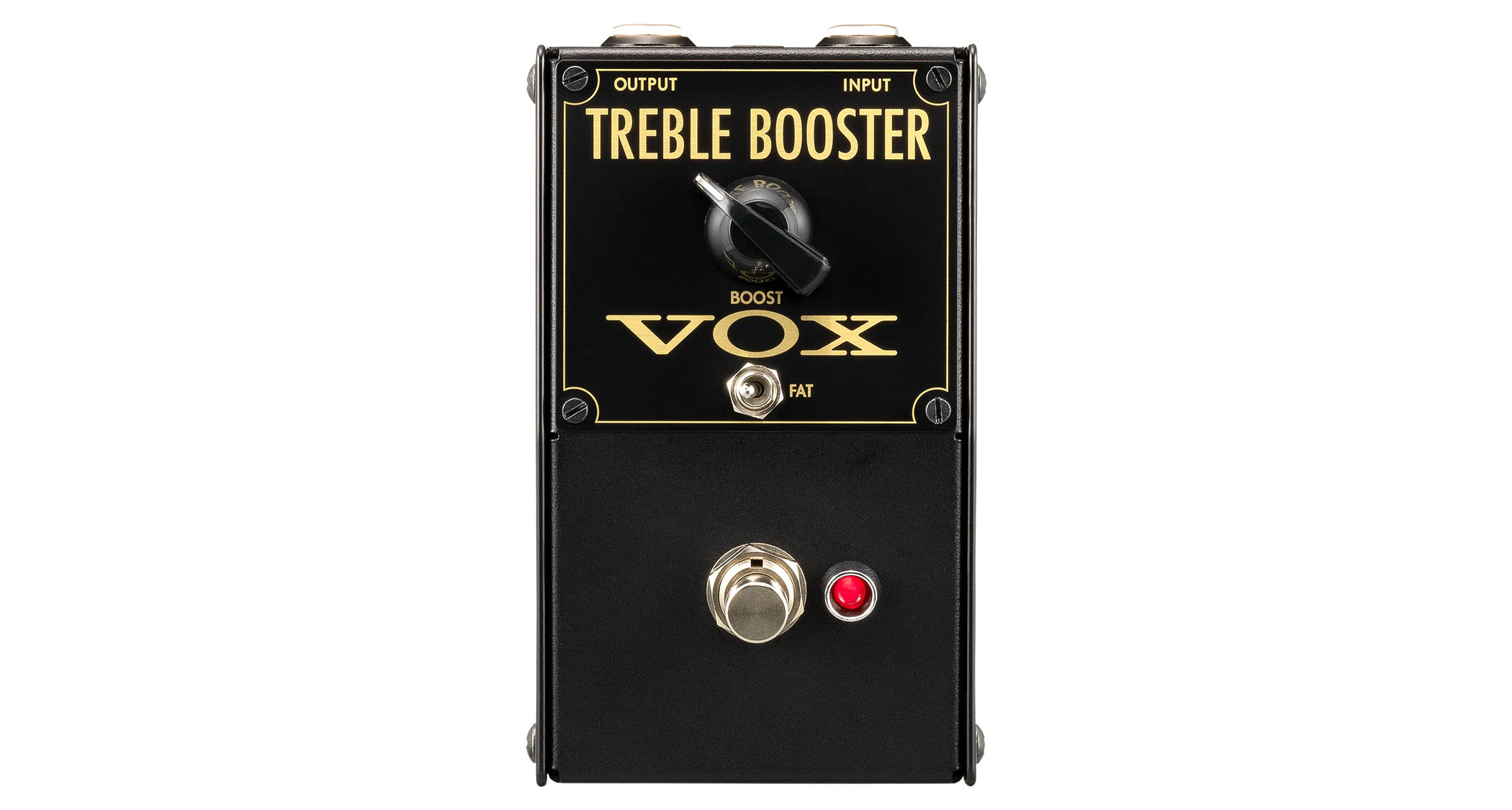 The Vox VTB-1 Treble Booster is a Rangemaster-inspired pedal that features a single chicken-head dial and a Fat switch, and has gold text on a black paint job.