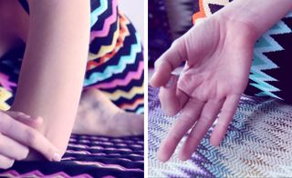 Two images, Left- A close up of chevron striped activewear being worn, showing arm and a foot, Right- A hand, fore finger and thumb touching