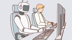 Robot and man sitting at computers and working