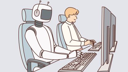 Robot and man sitting at computers and working