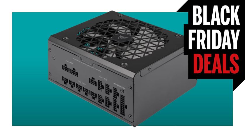 The Corsair Corsair RM1000x Shift Fully Modular ATX Power Supply on a teal deals background, with the Black Friday Deals logo in the top-right corner