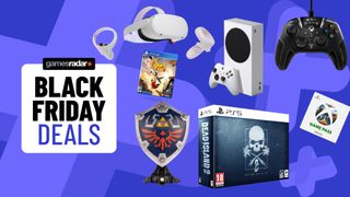 gaming accessories on a blue background with Black Friday deals badge