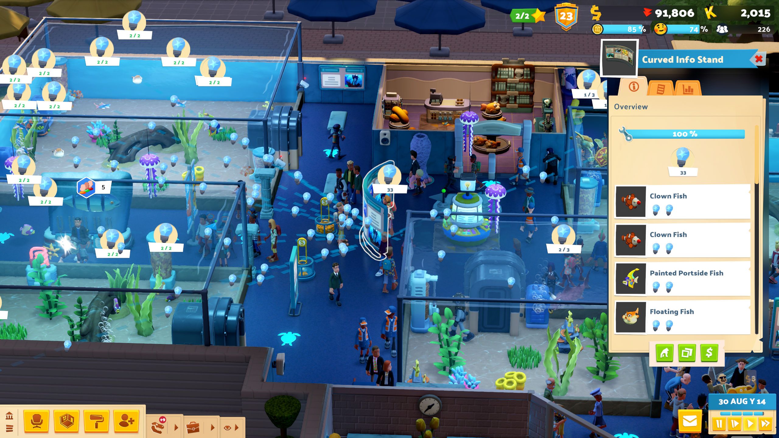 Two Point Museum gameplay screeenshots showing aquarium museums, spirit exhibits, and prehistoric exhibits.