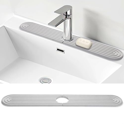 Shinowa Faucet Mat for Kitchen Sink, Diatomite Kitchen Sink Splash Guard, Quick Drying Water Stone for Kitchen Sink, Sink Splash Guard for Kitchen Bathroom,included Sand Paper (light Grey, 24'' X 4'')