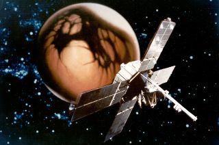 This image of Mariner 4 superimposed on an image of Mars was used to promote the 1964-65 mission.