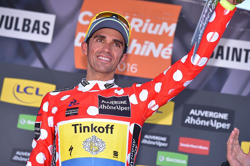 Alberto Contador in the polka dot jersey after stage 1 at Criterium du Dauphine