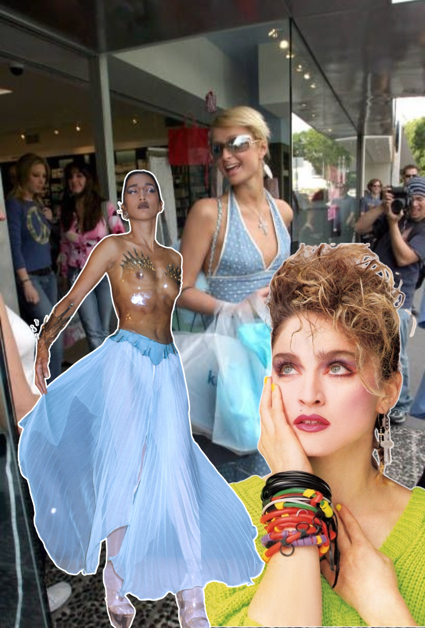 Image shoes Paris Hilton, Madonna and Thierry Mugler Spring-Summer 1989 Fashion Show all wearing differing PVC.