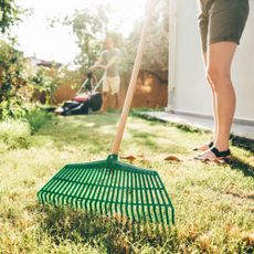 man and woman doing spring lawn care with rake and lawnmower