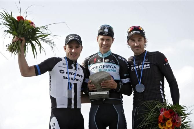 The 2014 Paris-Roubaix podium: Degenkolb, Terpstra and Cancellara