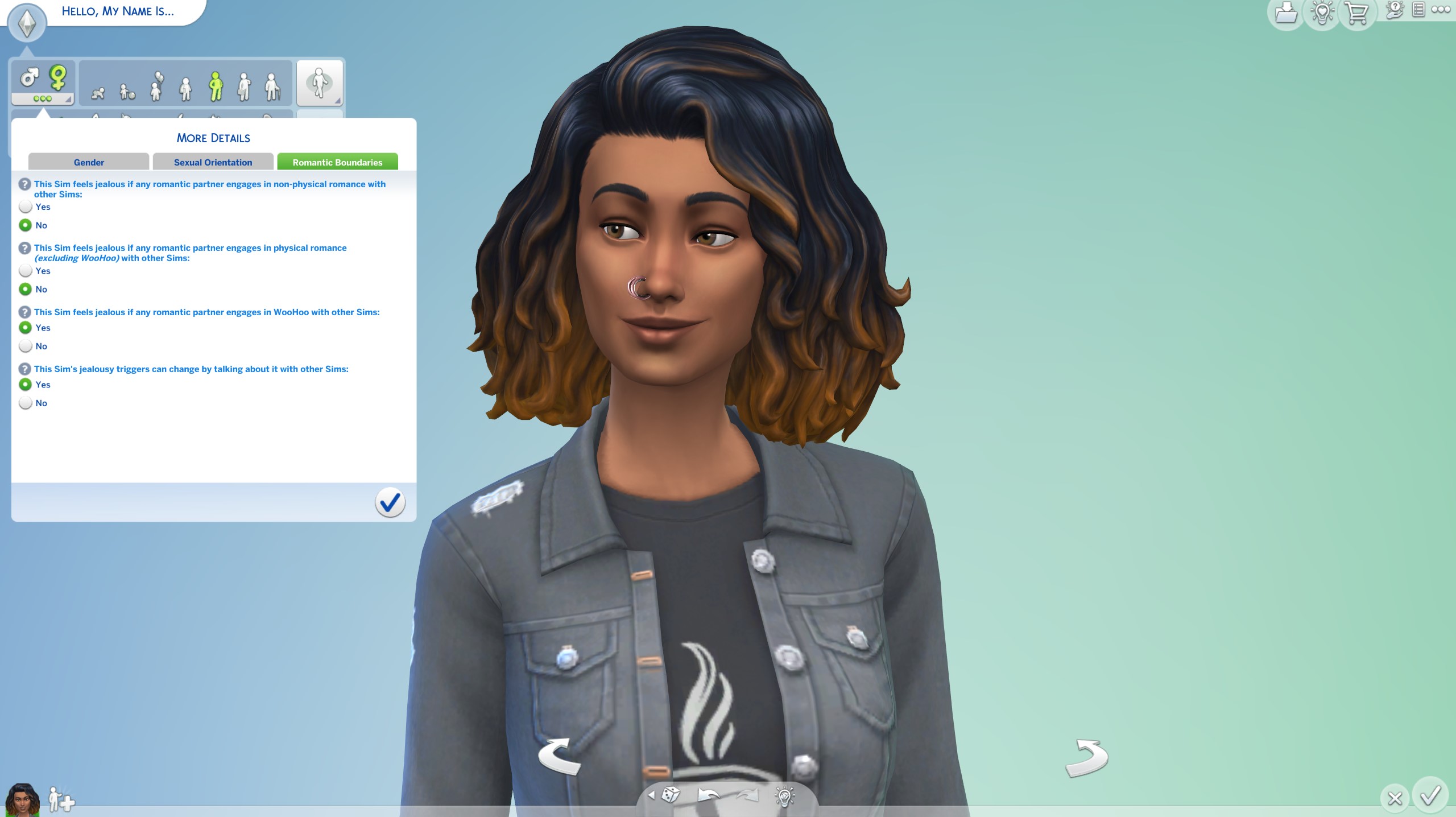 The Sims 4 - Romantic Boundaries menu in Create-A-Sim showing whether a Sim feels jealousy at their partner expressing intimacy with other Sims.