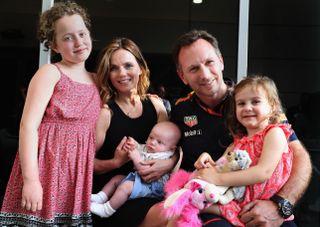 Geri Horner, Christian Horner, Olivia, Bluebell, and Monty