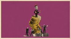 Photo collage of a tiny Prince Charles bobblehead standing on a stack of coins. Around the base, small figurines of workers mill around pennies.