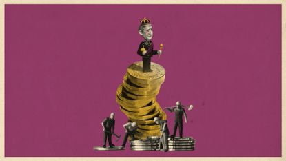 Photo collage of a tiny Prince Charles bobblehead standing on a stack of coins. Around the base, small figurines of workers mill around pennies.