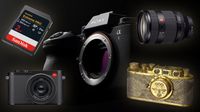 Composite image of a Sony A1 II, Sony FE 28-70mm f/2, Leica Q3, SanDisk 2TB SD card and vintage gold camera with Nazi insignia