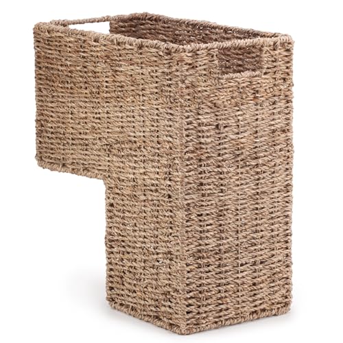 Woodluv L-Shape Woven Seagrass Large Step Basket With Inset Handles, for Stairs, Storage Organiser for Laundry, Accessories, Tidy Basket Bin for Toys, Household Items, Natural, 38 X 20 X 40 Cm