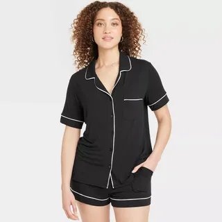 Women's Cloud Knit Short Sleeve Notch Collar Top and Shorts Pajama Set - Auden™ Black Xs