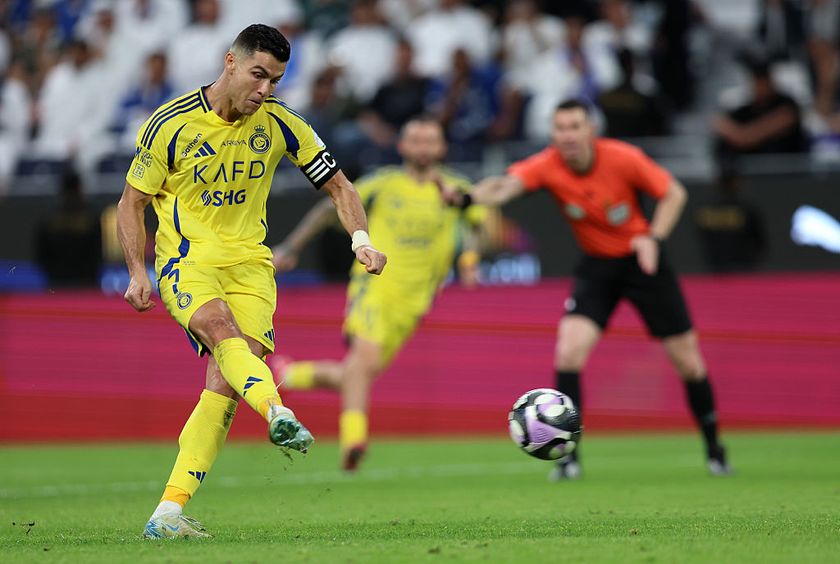 RIYADH, SAUDI ARABIA - APRIL 04: Cristiano Ronaldo of Al Nassr celebrates scoring his team&#039;s third goal with teammate Jhon Duran during the Saudi Pro League match between Al Hilal v Al Nassr in the Kingdom Arena on April 04, 2025 in Riyadh, Saudi Arabia. (Photo by Yasser Bakhsh/Getty Images)
