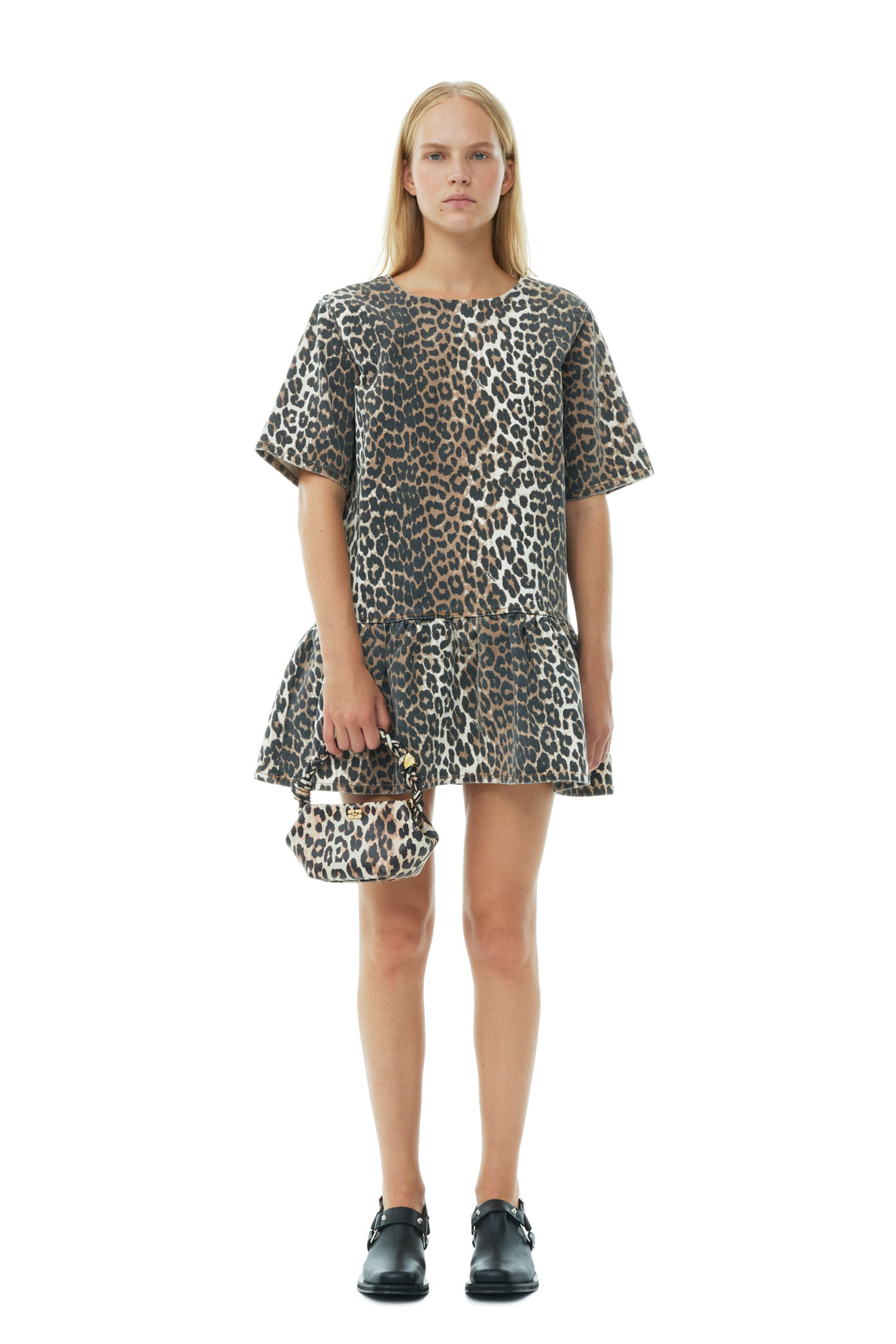 Leopard Open-Back Mini Denim Dress