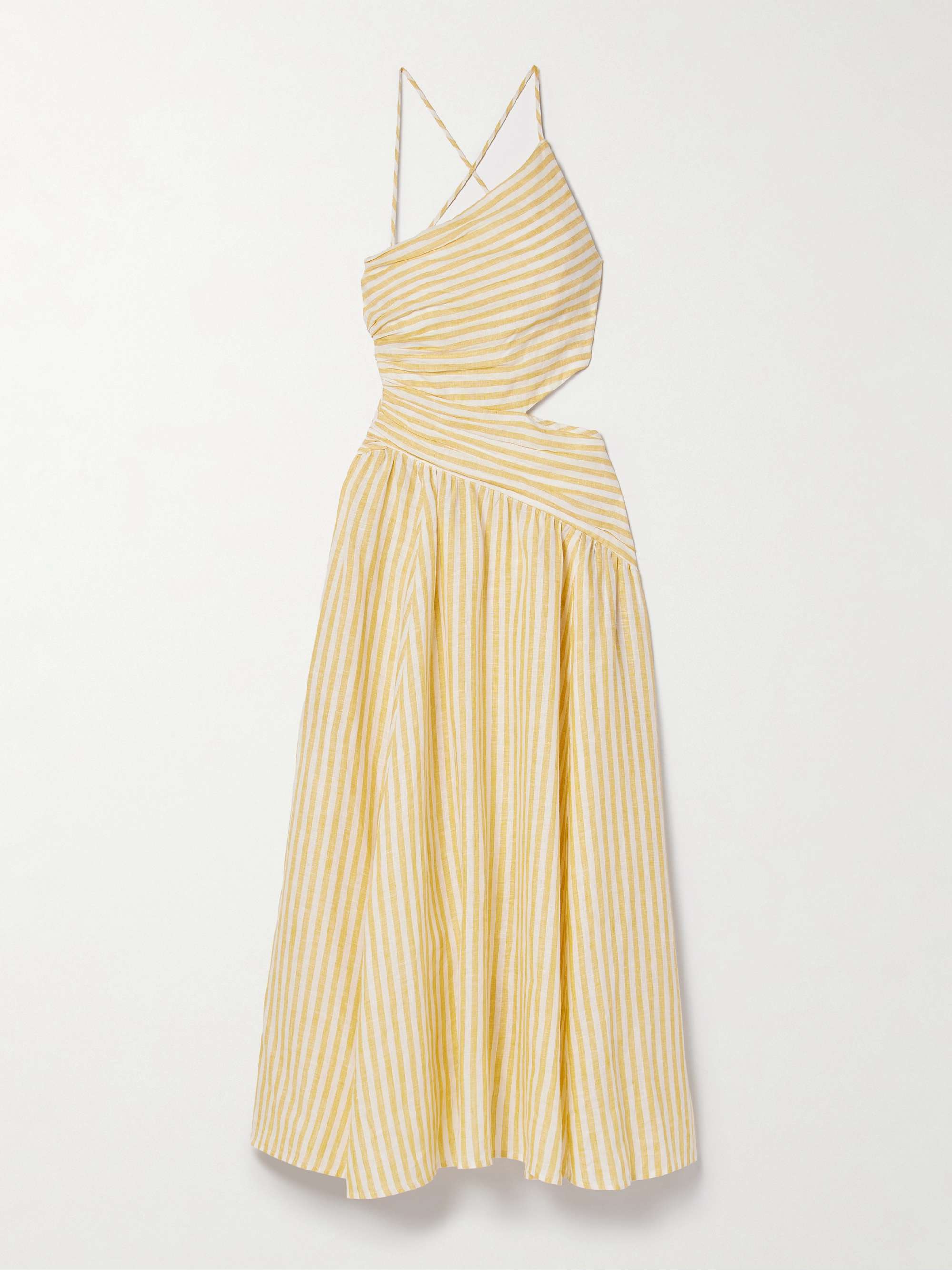 Cascadian Cutout Ruched Striped Linen Midi Dress