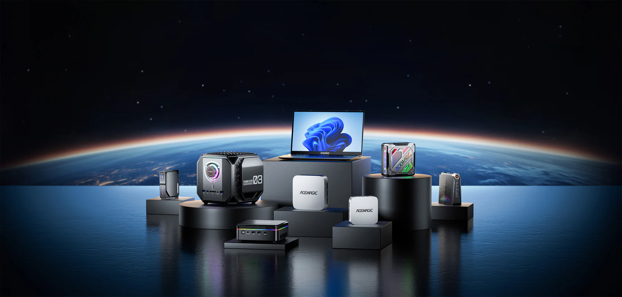 Acemagic product range with the earth in the background
