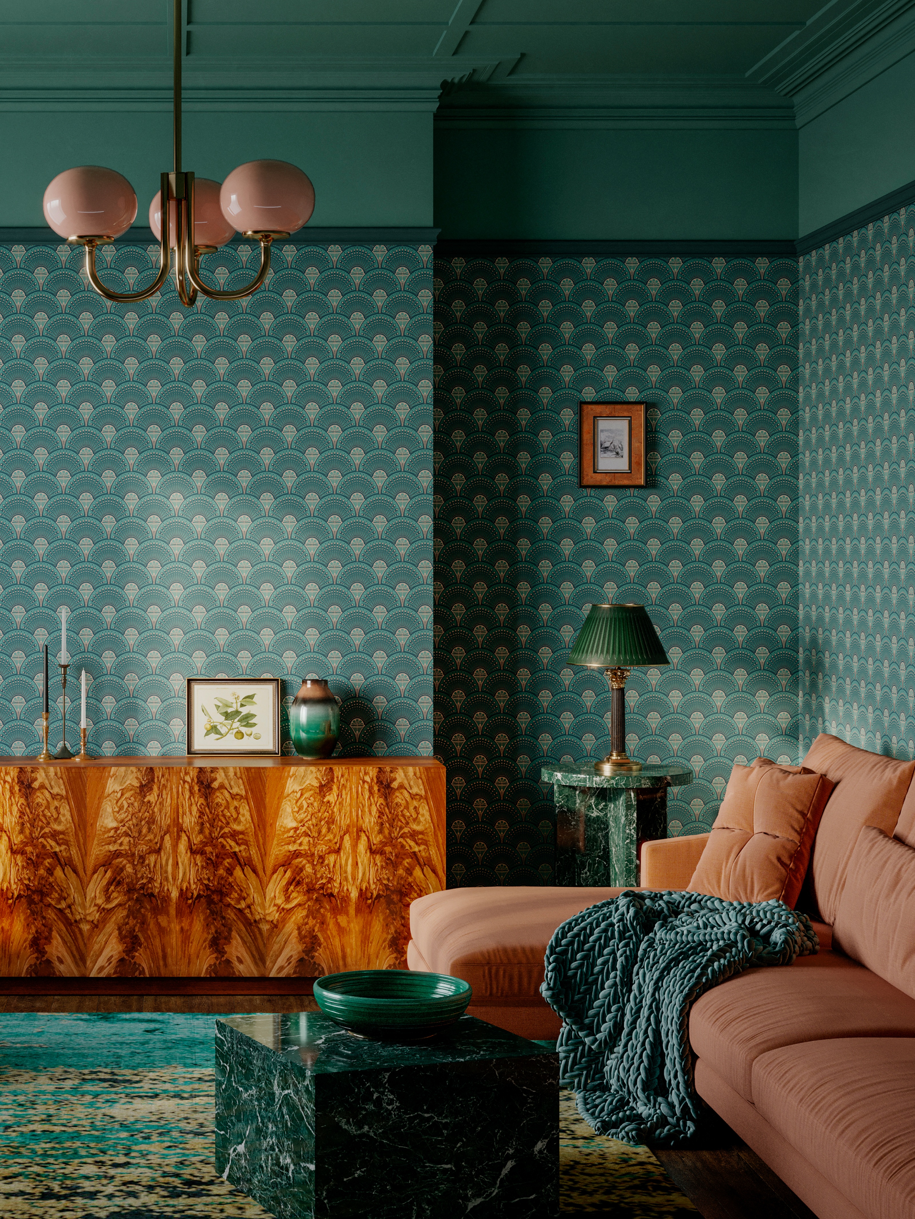 a teal art deco-inspired living room with a patterned wallpaper, burled furniture and a pink couch