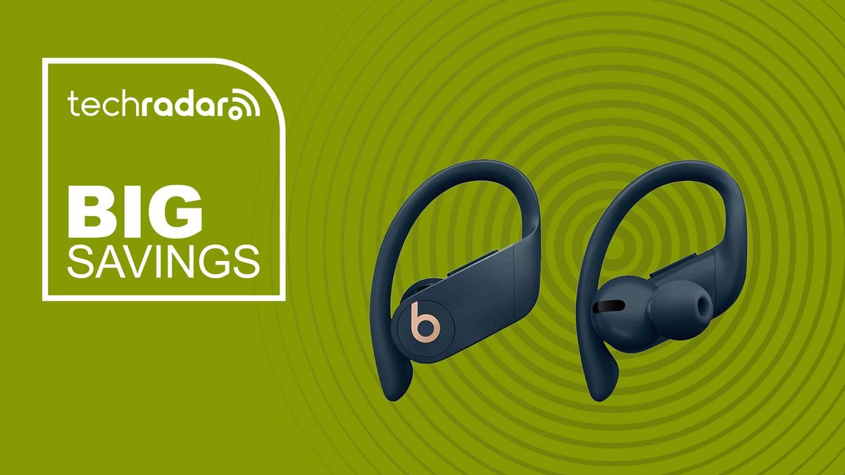 Beats Powerbeats Pro on green background with words &#039;TechRadar: Big Savings&#039; positioned to the left of the earbuds