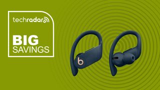 Beats Powerbeats Pro on green background with words &#039;TechRadar: Big Savings&#039; positioned to the left of the earbuds