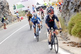 Sepp Kuss (Jumbo-Visma) shuts down an attack by Adam Yates (Ineos) and Miguel Angel Lopez (Movistar)