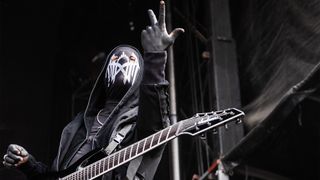 Guitarist IV of the British heavy metal group Sleep Token performs on stage at Festival Copenhell, in Copenhagen, Denmark, on June 15, 2023