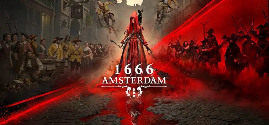 Official 1666: Amsterdam key art featuring a hooded figure standing between civilians and soldiers in a dark historical setting.