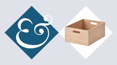 A light brown IKEA bamboo storage box in a white diamond, beside a dark blue diamond with a & in it